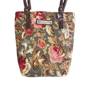 Longaberger Majolica Small Green Floral Tapestry shoulder handbag Brown handles